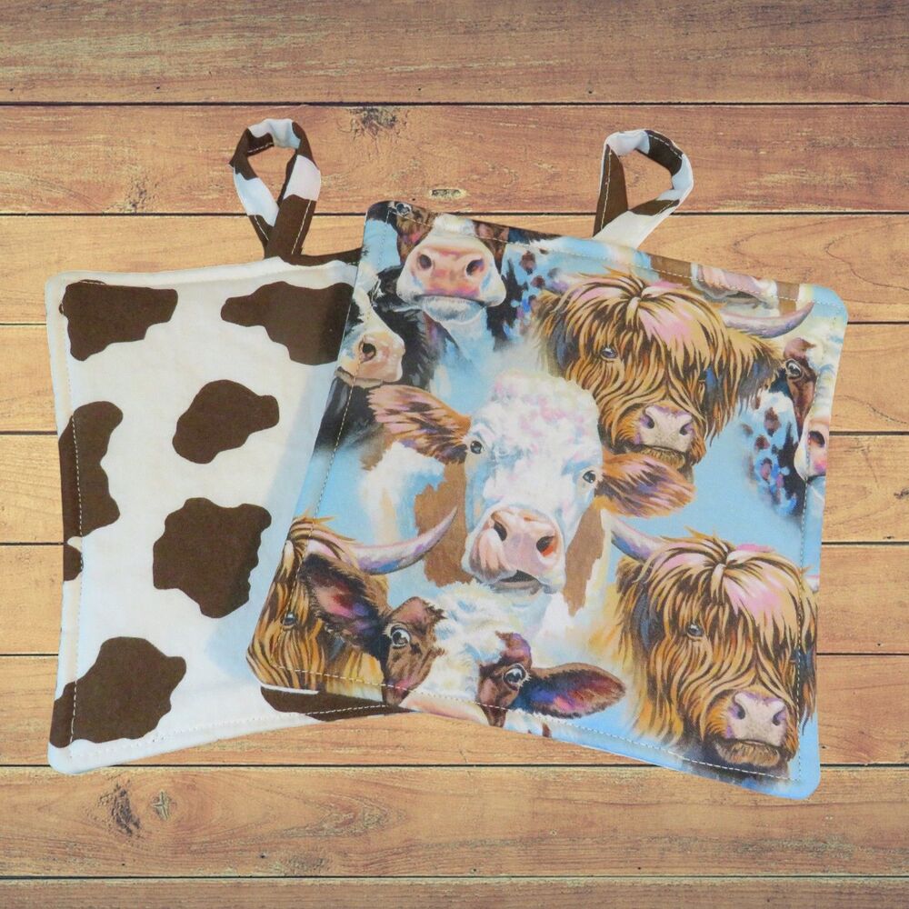 Handmade Potholder, Set of 2, Reversible Cows and Cow Print Hot Pads